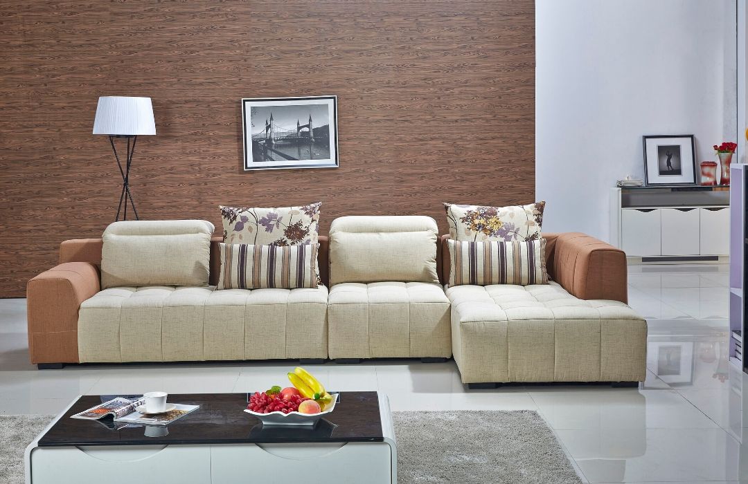 Cream and Brown Fabric Sofa 